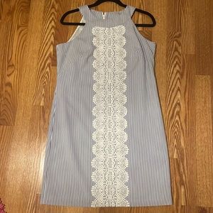 Blue and white stripped Maggy L dress with lace detail
